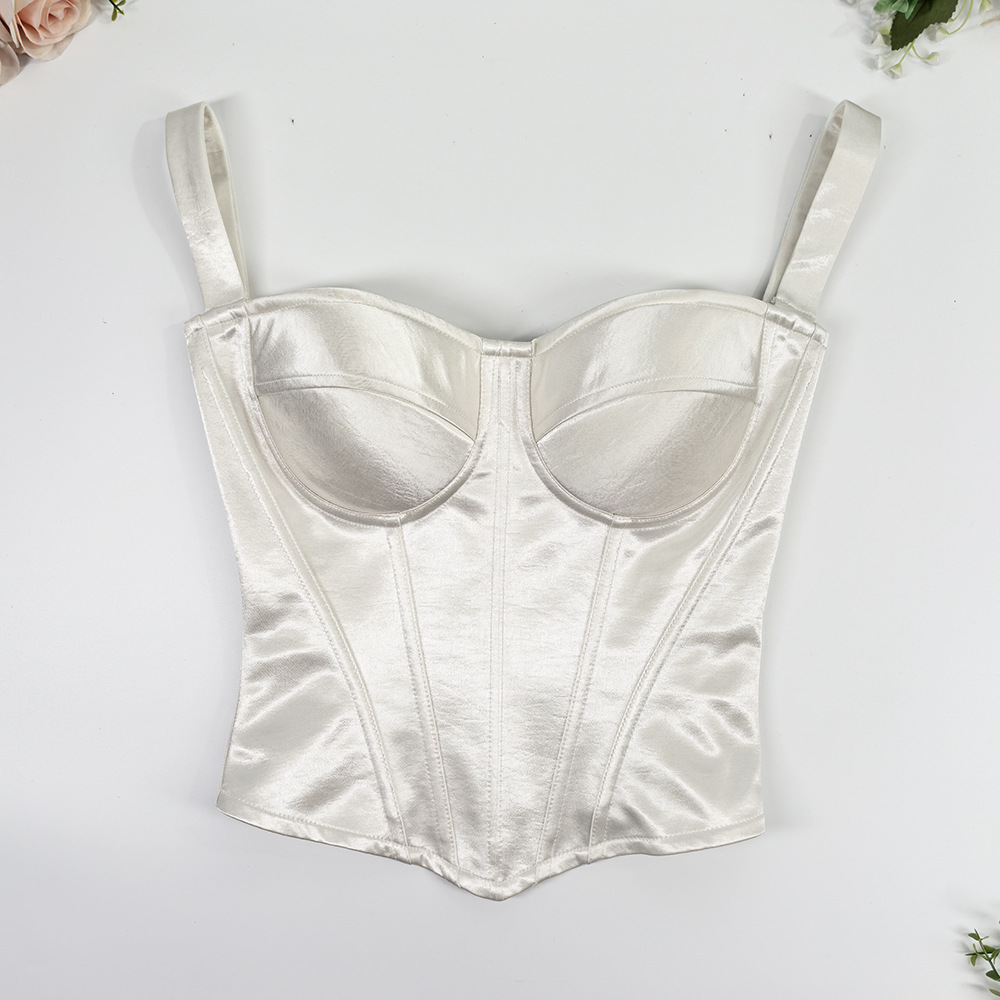 Acetate Satin Camisole Tube Top Bra for Outerwear, Nordic Style, Push-Up, Beautiful Back, Side Breast Gathering, Fishbone Bra