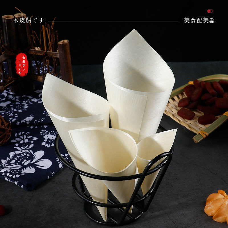 Disposable Wooden Ice Cream Cone Horn-Shaped Conical Snack Fries Candy Packaging Box Veneer Roll