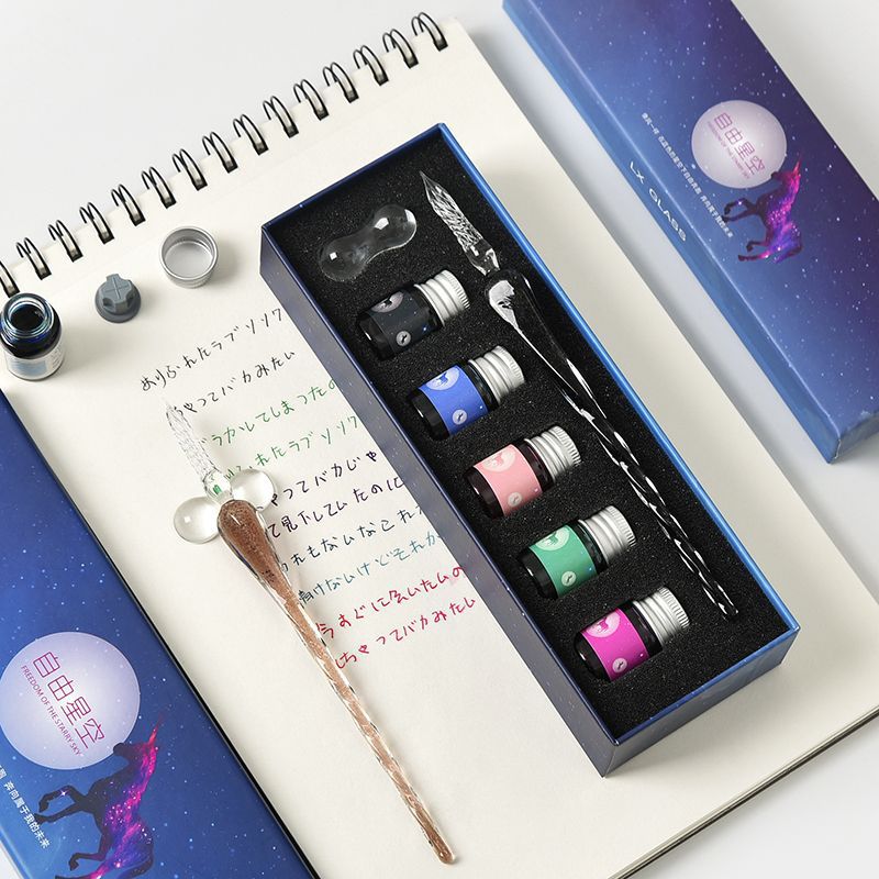 Luminous Crystal Glass Pen Starry Sky Dipped in Water Handmade Dipped Ink Pen Student Calligraphy Birthday Set