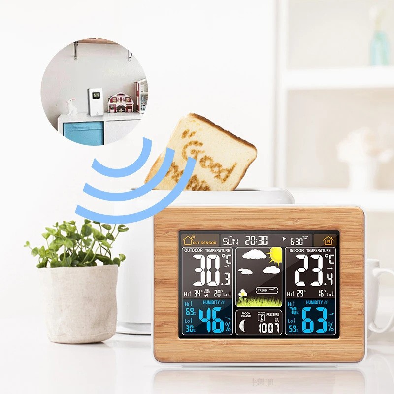 Color Screen Weather Forecast Clock 3365 Bamboo Surface Radio Clock Multi-Function Perpetual Calendar Digital Alarm Clock Rf Wireless Weather Clock