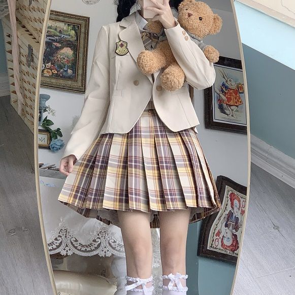 Japanese-Style Short One-Button Suit with Forest Letter Pattern Skirt Set, School Style Jk Uniform Two-Piece Suit