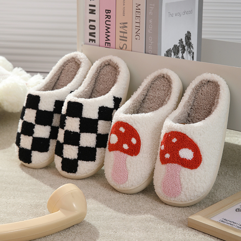 New Comfortable Home Chessboard Warm Winter Cotton Slippers Couple Men's and Women's Thick-soled Soft-soled Cotton Shoes Thickened Non-slip