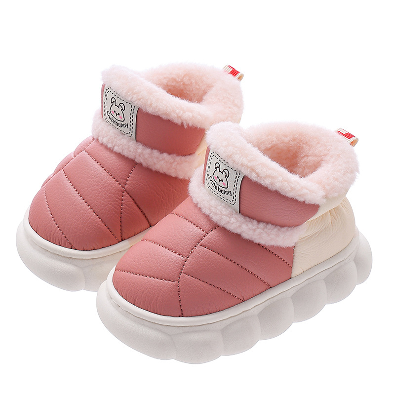 2025 New Winter Kidsren's Snow Boots for Boys and Girls, Warm Fleece-Lined Pu Leather Waterproof Outer Wear Thick-Soled Bag Heel Cotton Shoes