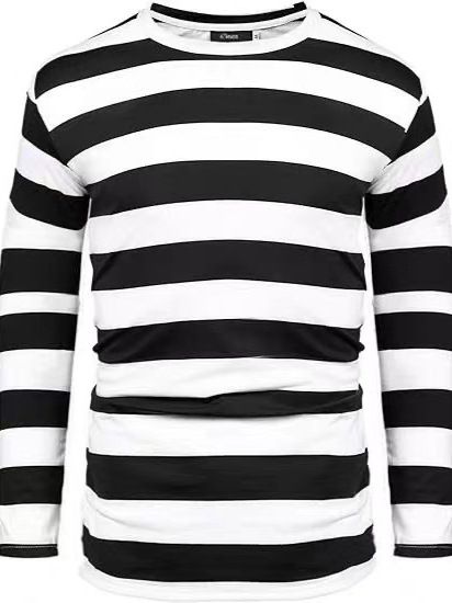 New Style Thief Black and White Striped Top Prisoner Biker Unisex Striped Loose Versatile Crew Neck Long Sleeve T-Shirt Cross-Border
