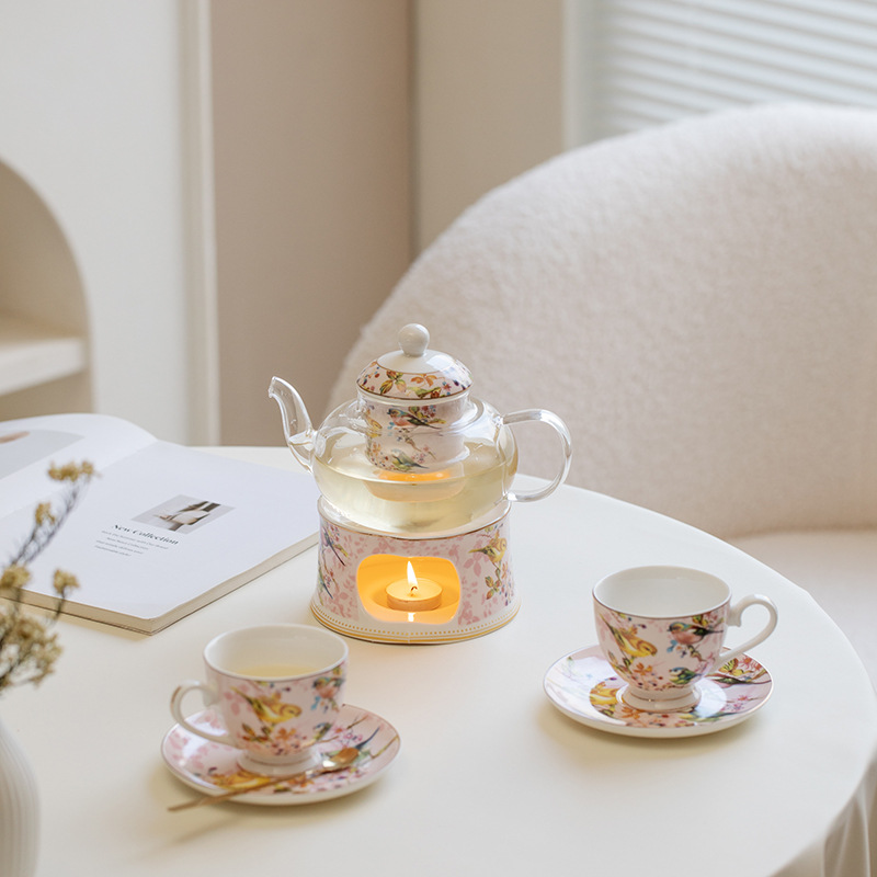 Чайный набор британского послеобеденного чая с розовой птицей, цветочный чайник, подогреватель для свечи, французский чайный набор, фруктовый чайник