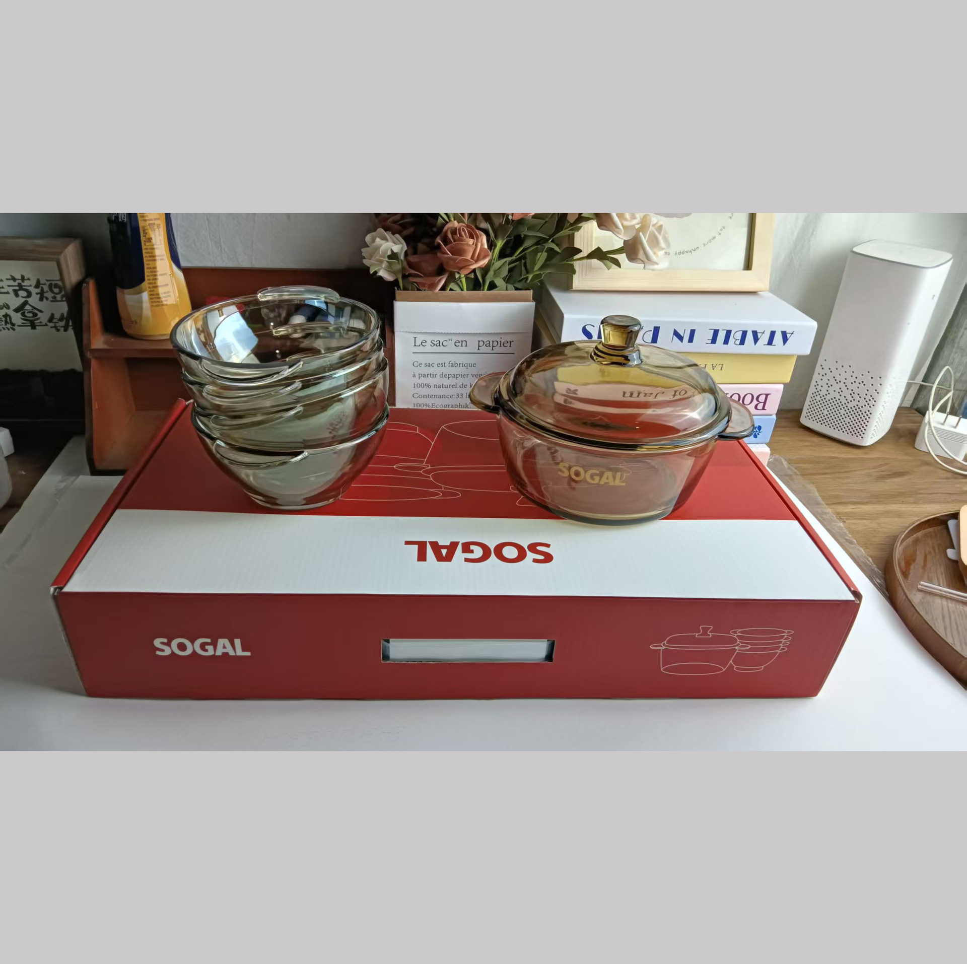 Brown Glass Pot Double-Eared Soup Bowl Five-Piece Set of Heat-Resistant Glass