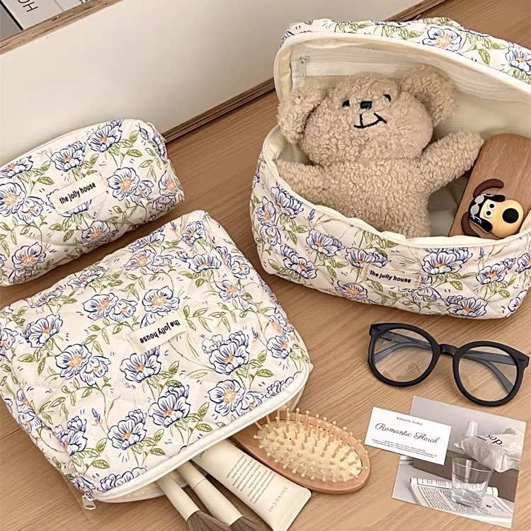 Portable Cosmetic Bag Large Capacity Small Floral Storage Portable Quilted Cotton Cute Flowers Ins Travel Students
