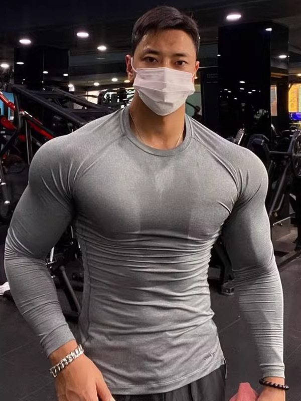 Fitness Long-Sleeved Muscular Men's Tight-Fitting Clothes Brother Shirt Quick-Drying High-Elastic Sports Top Compression Training Solid Color