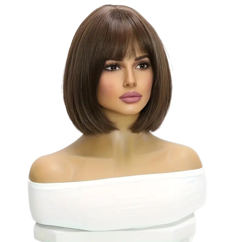 European and American Fashion New Dark Brown Short Straight Hair Bob Fashion Age-Reducing Natural Simulation Full Head Wig