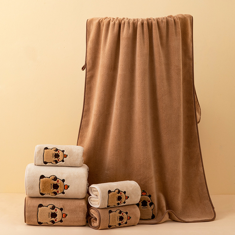 Customized Cross-Border Hot Selling Capibala Towel Bath Towel Set Cartoon Embroidered Coral Velvet Household Water-Absorbent Quick-Drying Bath Towel