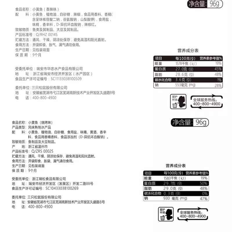 Three squirrel spicy small yellow croaker 96g bagged instant fish snacks crispy small yellow croaker dry casual snacks