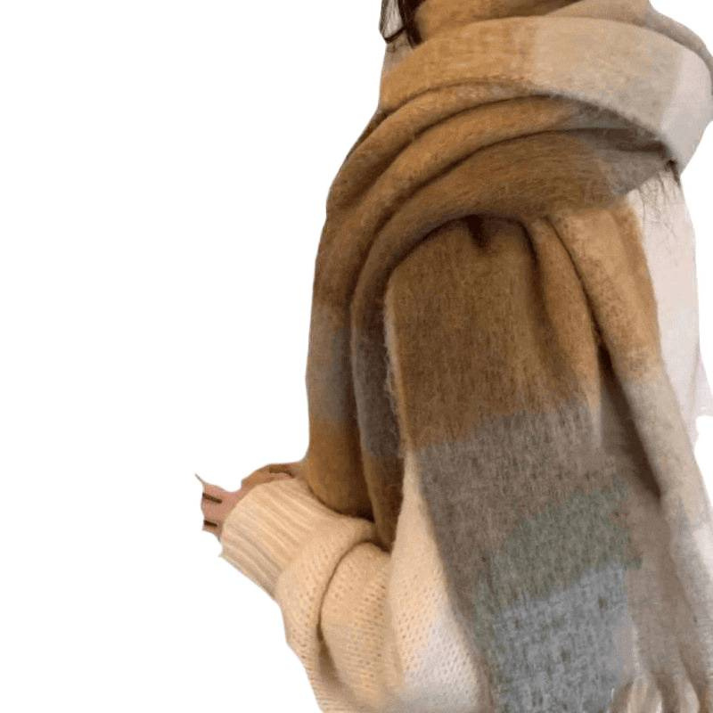 Autumn and Winter New Thickened Warm Rainbow-Colored Plaid Scarf European and American Loop Yarn Thick Tassel Color-Blocking Shawl