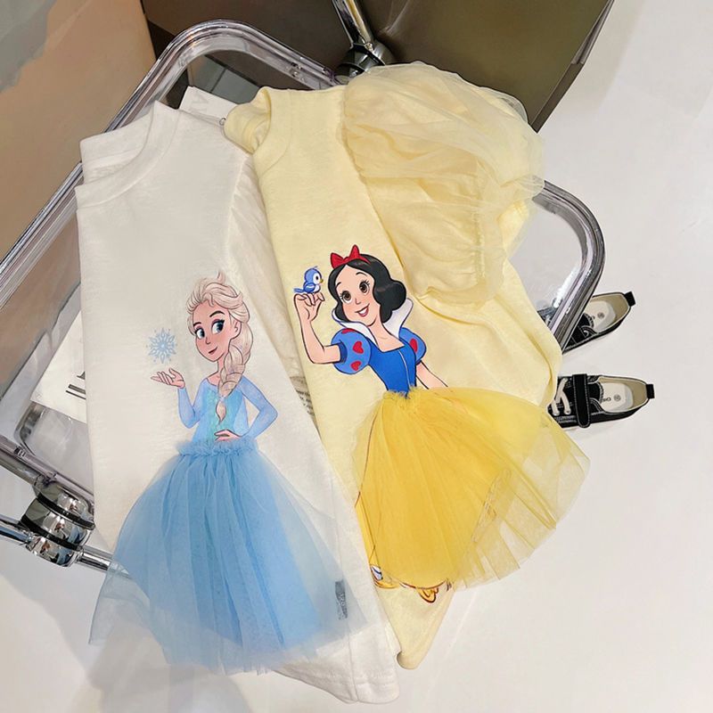 Girls' Summer New Style Mesh Puff Sleeve Princess T-shirt Children's Baby Stylize Cartoon Short Sleeve Top All-Match Trendy
