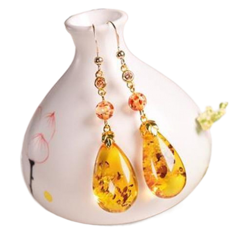 Earrings with Gold-Plated Versatile Water Drop Design, Pure Silver Natural Amber 25 Earrings, New Model S9 Women's Fashion Flower Amber Ear Hooks
