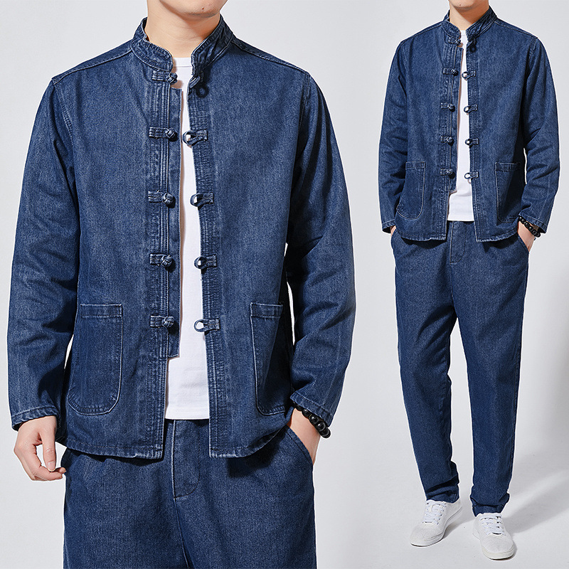 Denim suit Men's Spring and Autumn Coat Chinese Style plus size Loose Buckle Vertical Collar Retro Tang Suit Chinese-tunic Suit Top for Men