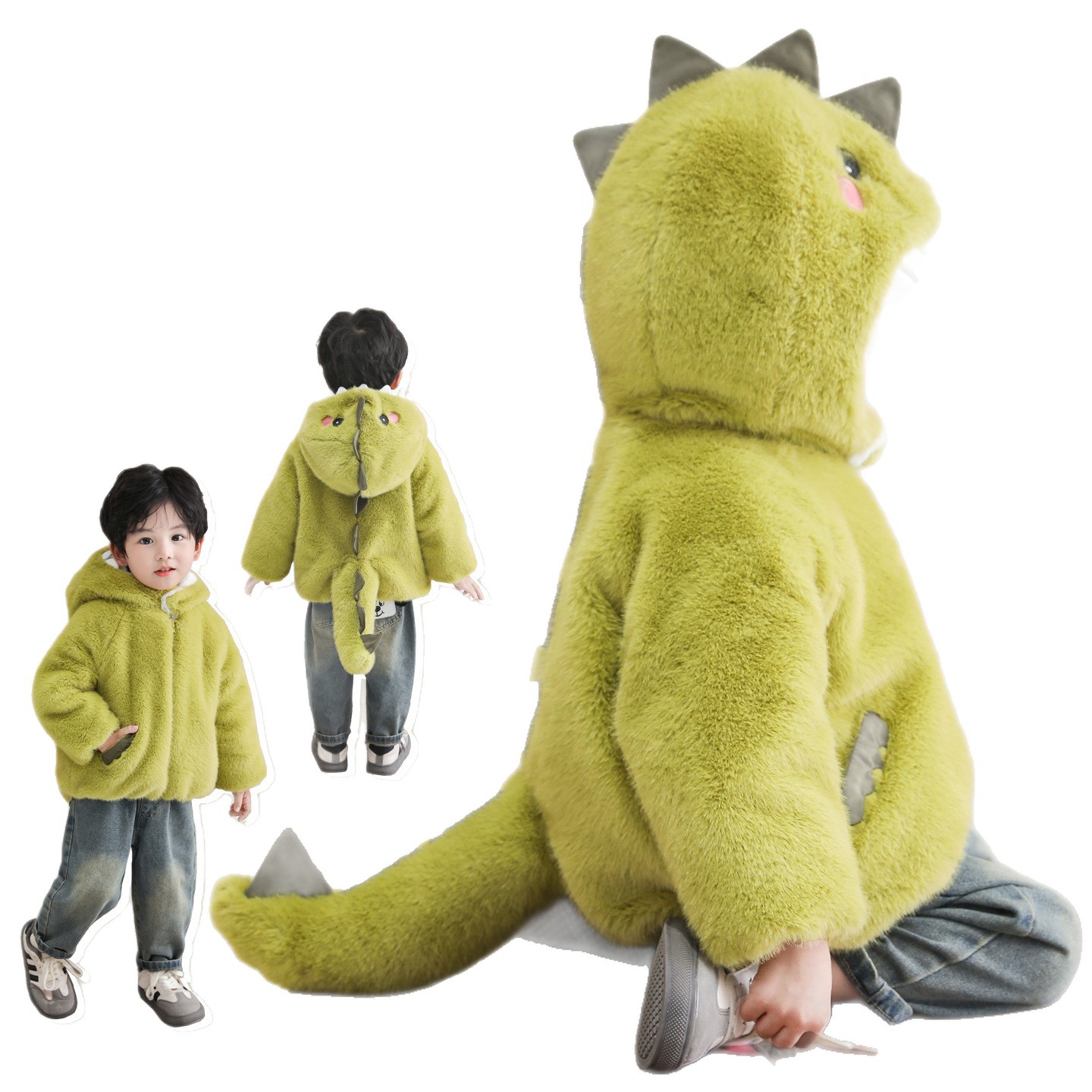 Boys' Fleece Jacket Autumn and Winter 2025 New Kidsren's Thickeneded Dinosaur Fur Sweater Boys' Cute Fur Clothes