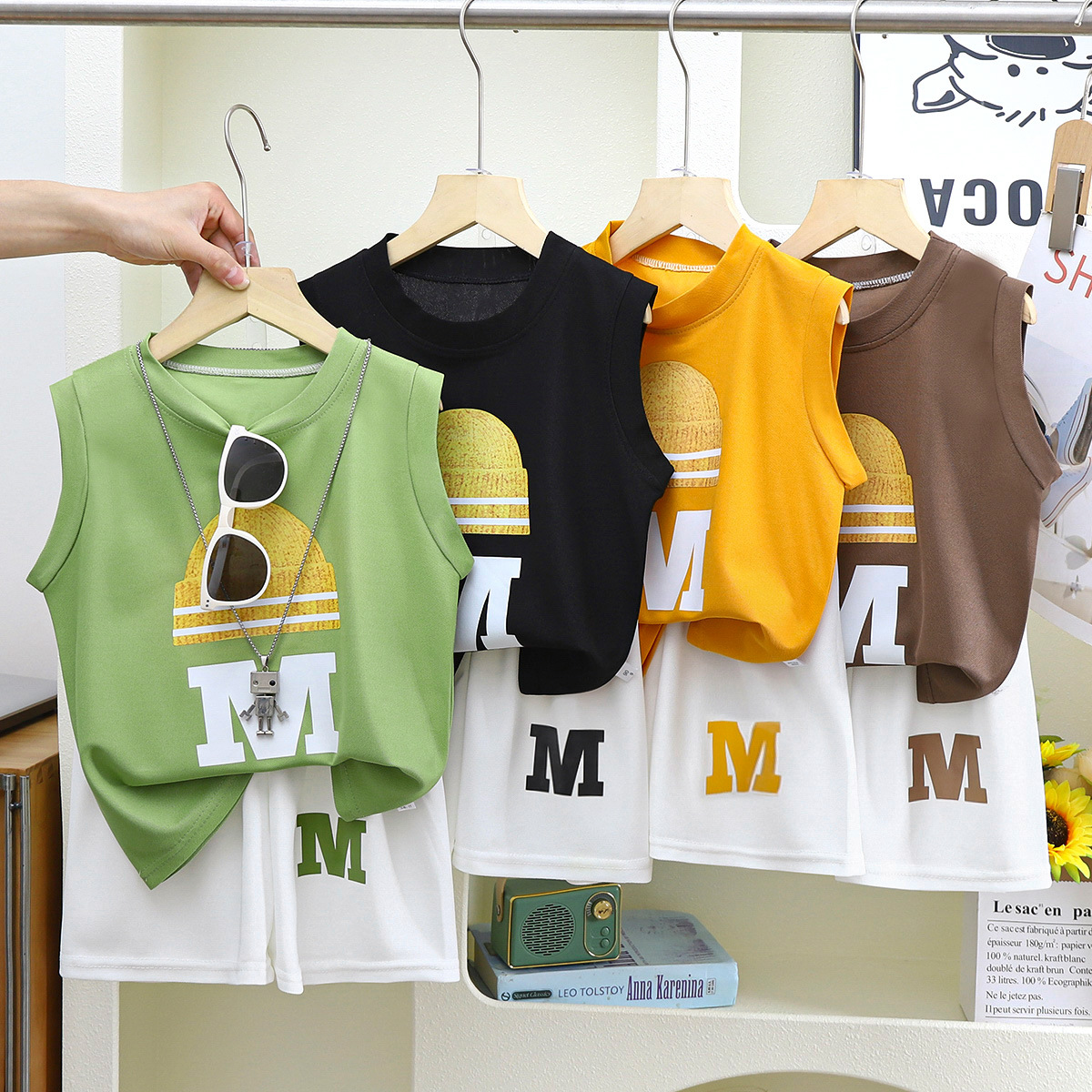 Летний новый детский жилетный костюм для мальчиков без рукавов топ шорты корейская летняя двухкомпонентная одежда для детей тонкая оптовая