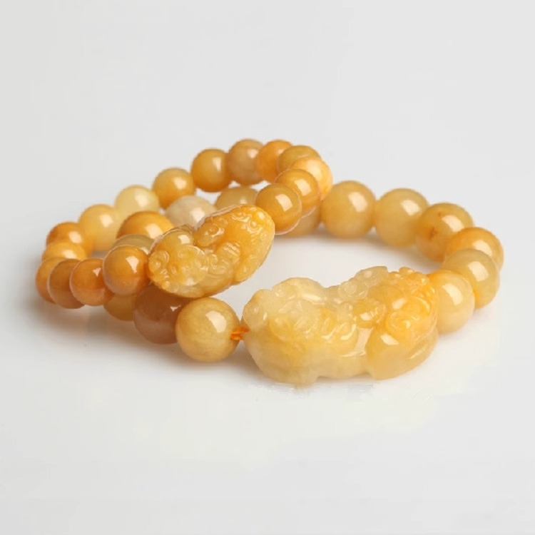 2023 Old Yellow Jade Carved Pixiu Carrying Ancient Coins Bracelet Chain Golden Silk Yellow Dragon Jade Pixiu for Men and Women