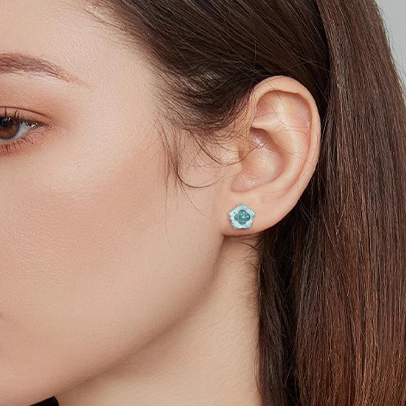 Original natural A goods jade blue water lotus earrings ice jade stone petals S925 silver inlaid antique women's earrings