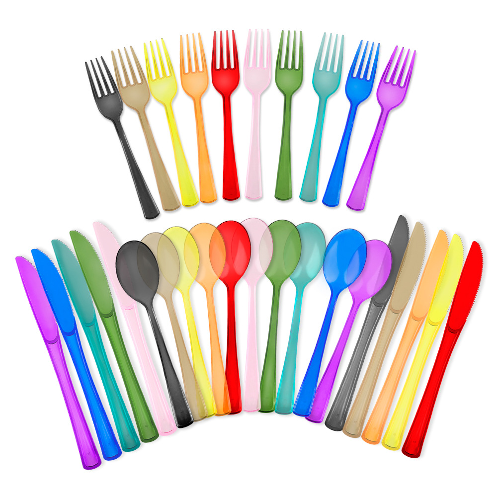 Одноразовые пластиковые нож, вилка и ложка, цветная посуда для дня рождения, набор ножей, вилок и ложек для западной кухни и фруктов