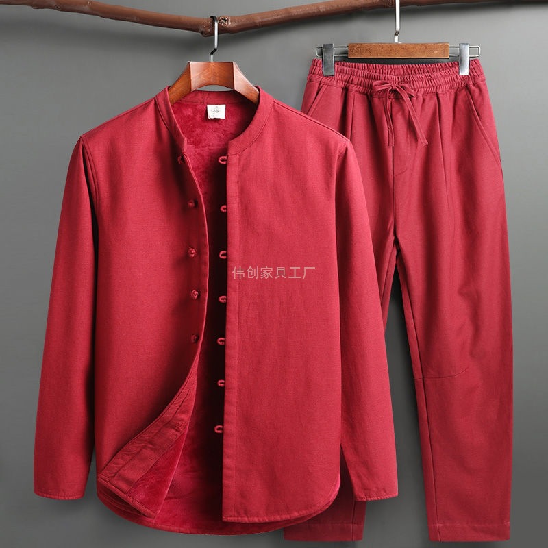 Tang Suit Men's Autumn and Winter Velvet Thickeneded Suit Chinese Retro Buttoned Stand-Up Collar Long-Sleeved Cotton and Linen Bottoming Shirt Jacket
