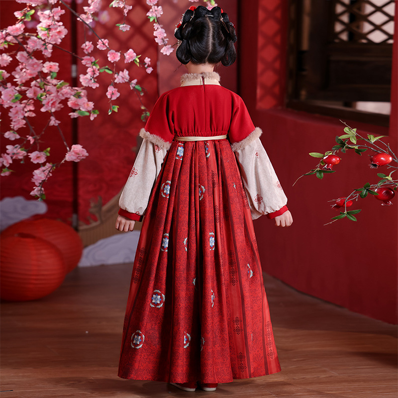 Hanfu Winter Fleece-Lined Traditional Chinese New Year Outfit for Girls, Autumn and Winter Thick Tang Suit Dress