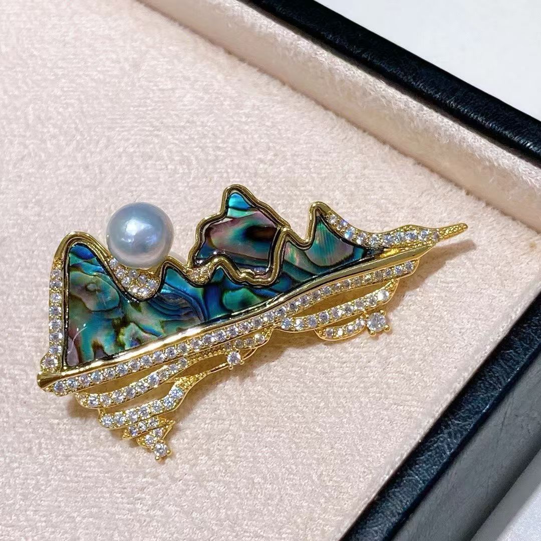 Брошь в китайском стиле с пейзажем, натуральная ракушка абалон, яркая, высококачественная, с жемчужиной, для женщин