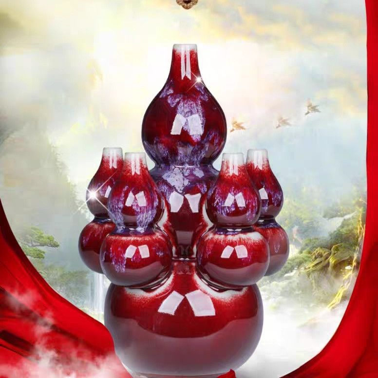 Jingdezhen Ceramics Red Five Blessings Gourd Jun Porcelain Vase Ornament Open Living Room Home Crafts Large Size