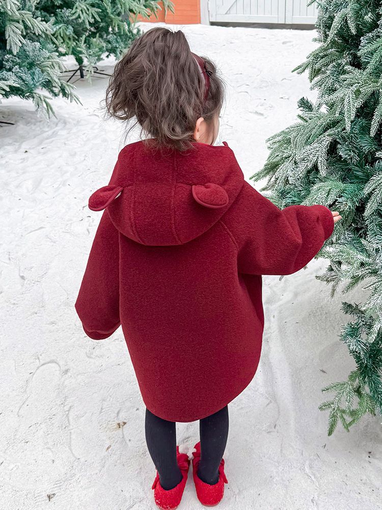 Girls' Woolen Outwear Autumn and Winter 2025 New Kidsren's New Year's Clothing Baby Fleece-Lined Red Woolen Outwear Mid-Length
