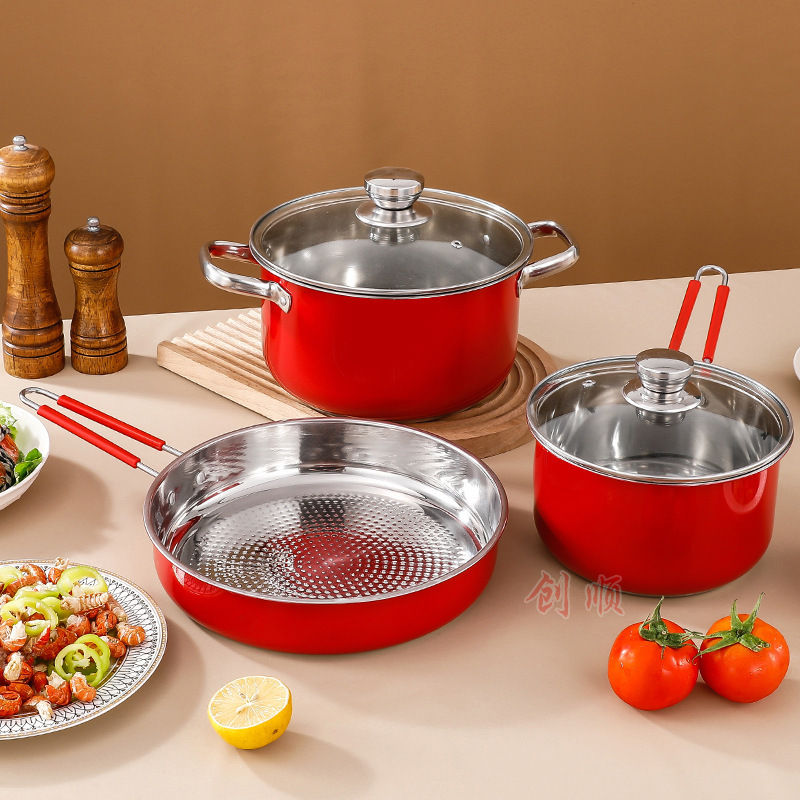 Stainless Steel Set Pot Red Pot Three-Piece Set Soup Pot Frying Pan Milk Pot Gift Pot Set Kitchen Three-Piece Set
