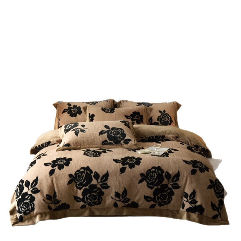 New Autumn and Winter Milk Velvet Four-Piece Printed Thickeneded Warm Bedding Factory Now Available Anti-Static Washable