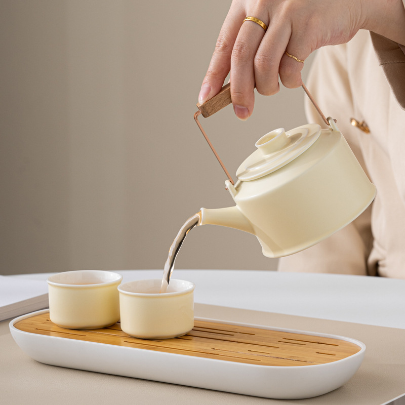 Creative Teapot with Handle, One Pot and Two Cups Tea Set with Tea Tray, Mini Tea Set with Integrated Tea Tray, Portable Set
