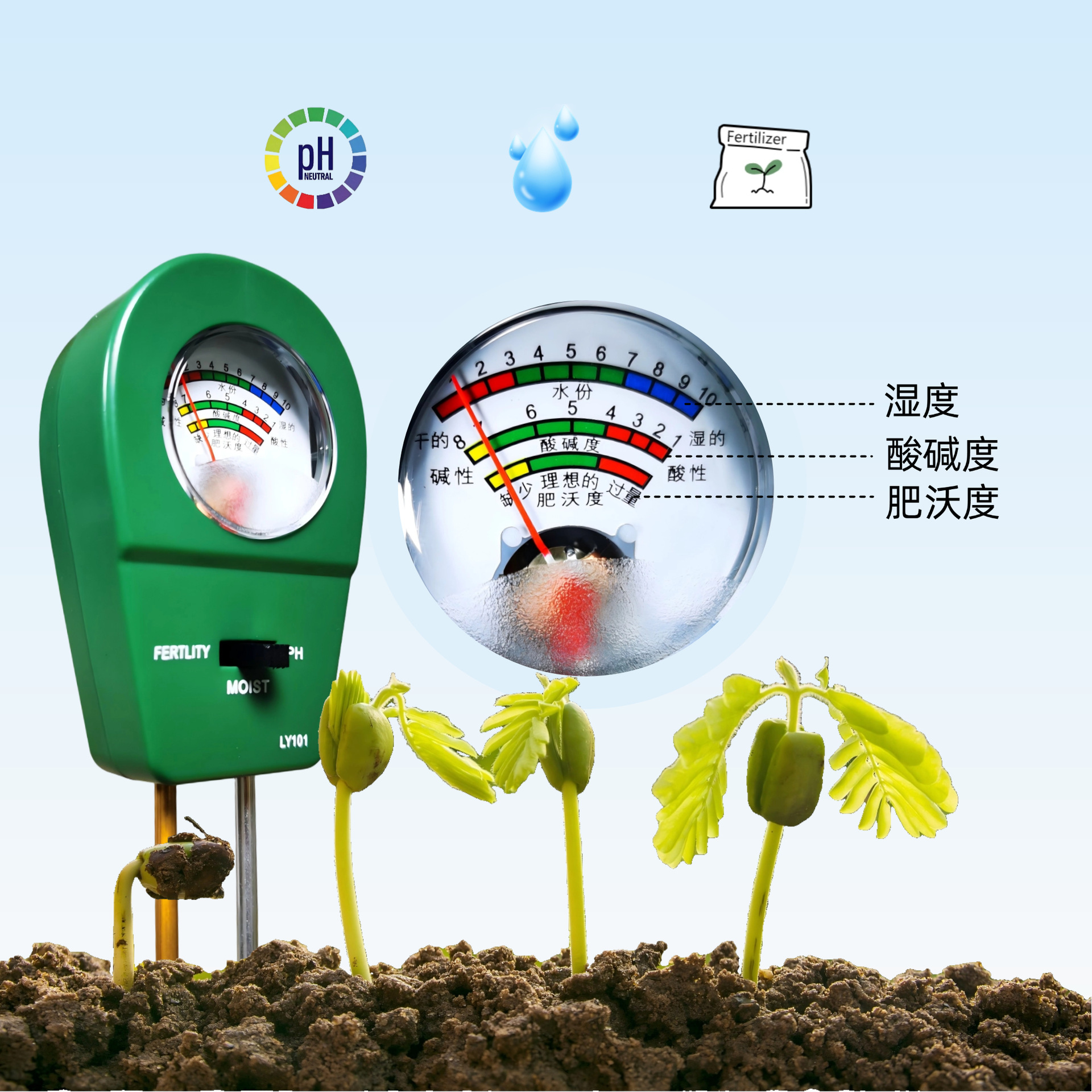 Directly Supplied from the Manufacturer, Ph Value Soil Moisture Detector, Fertility, Acidity and Alkalinity Flower Pot Tester, Three-In-One Moisture Meter