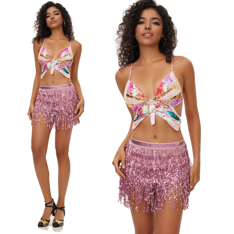 Halloween Cross-border Belly Dance Performance Clothing Four-layer Tassel Waist Chain Sexy Bosimi Hip Towel Waist Towel Sequin Dress for Women