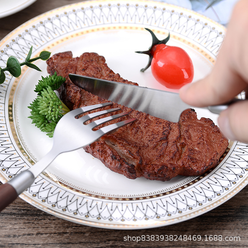 Imitation walnut wooden handle simple texture stainless steel spoon fork set household western food spoon high value tableware