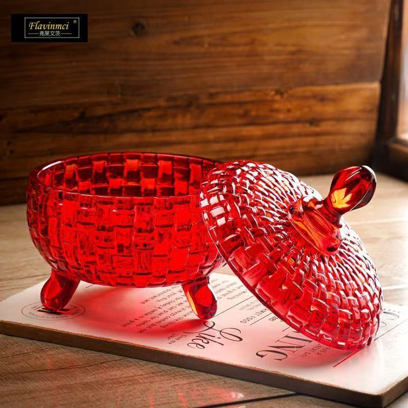 2 Red Glass Candy Jars Personalized Storage Box with Lid Storage Jar Household Living Room Dried Fruit Box