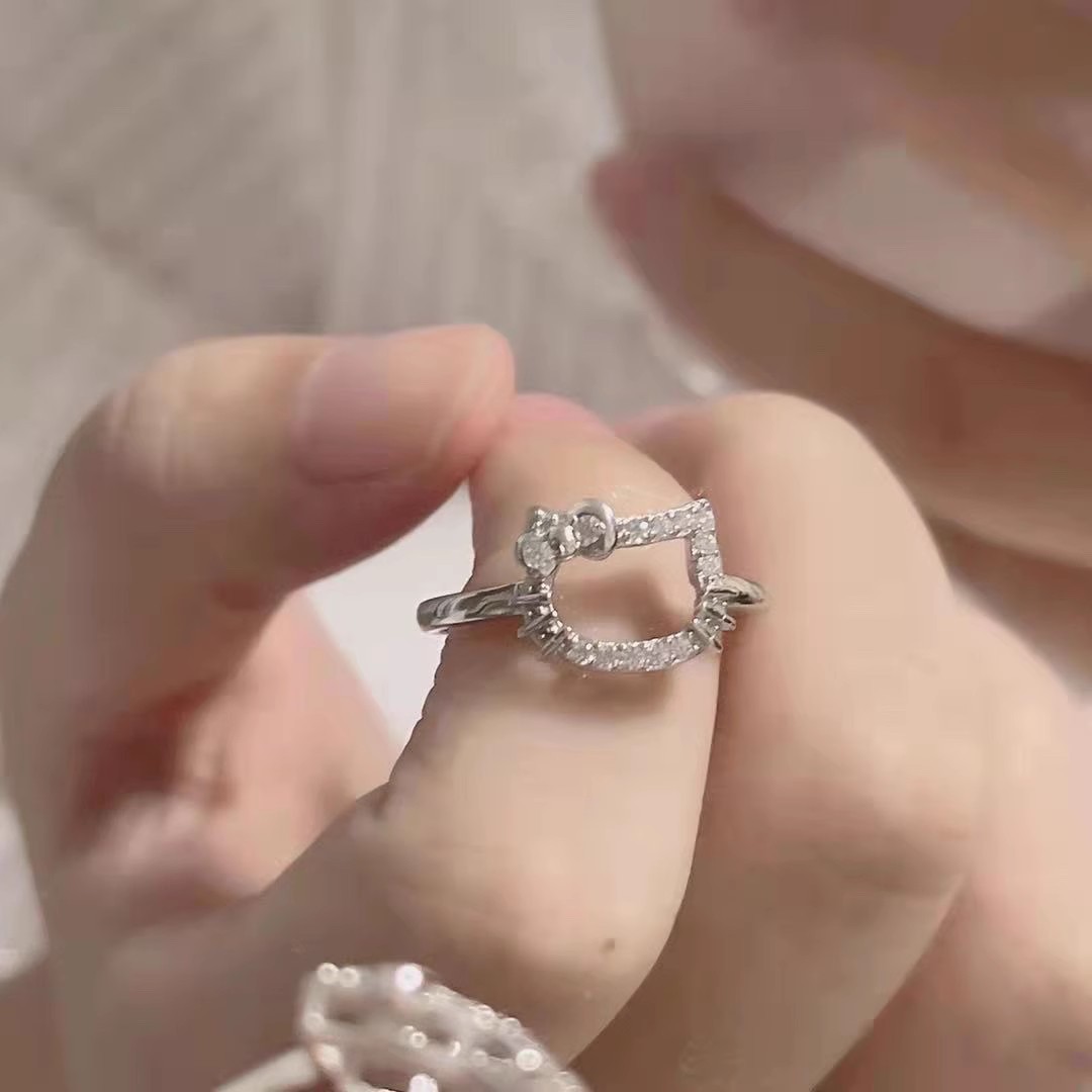 Cute Kt Cat Ring for Girls, Cartoon Soft Girl, Sweet, Simple, Fashionable, Versatile, Shiny, Popular Bestie Open Ring