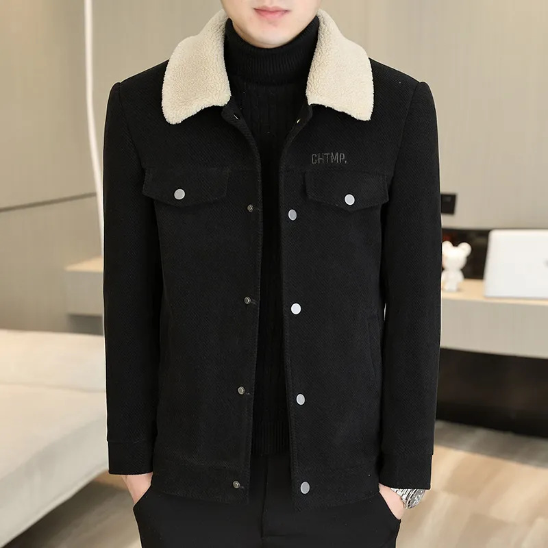 Men's Autumn and Winter Lapel Jacket Pure Color Fur Collar Arctic Velvet Coat fleece-lined Warm Middle-aged Jacket