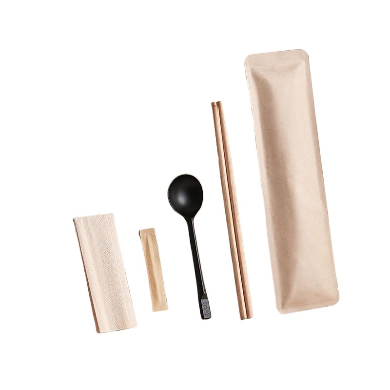 Disposable Chopsticks Four-Piece Set Customized Disposable Chopsticks Spoon Tableware Four-Piece Set Kraft Paper Packaging for Catering Use