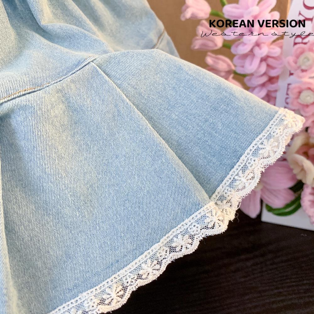 Girls' Summer Denim Short Skirt for Baby Girls Korean Style New Style Cute Bow Lace Pleated Skirt Trendy