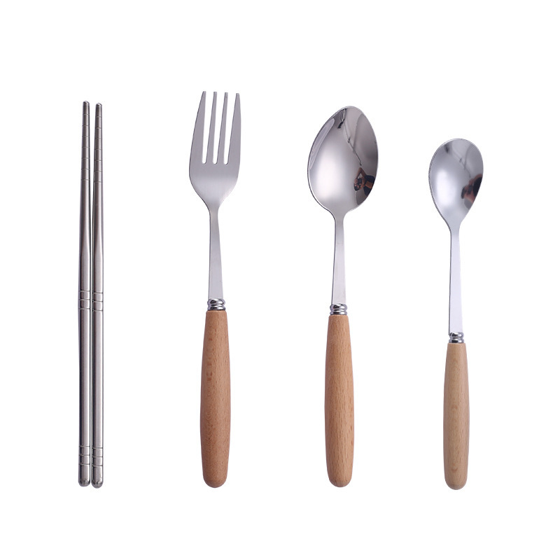 Beech Handle Tableware suit Stainless Steel Spoon Fork Chopsticks suit Student Outdoor Gift Tableware Box Three-piece Set Wholesale