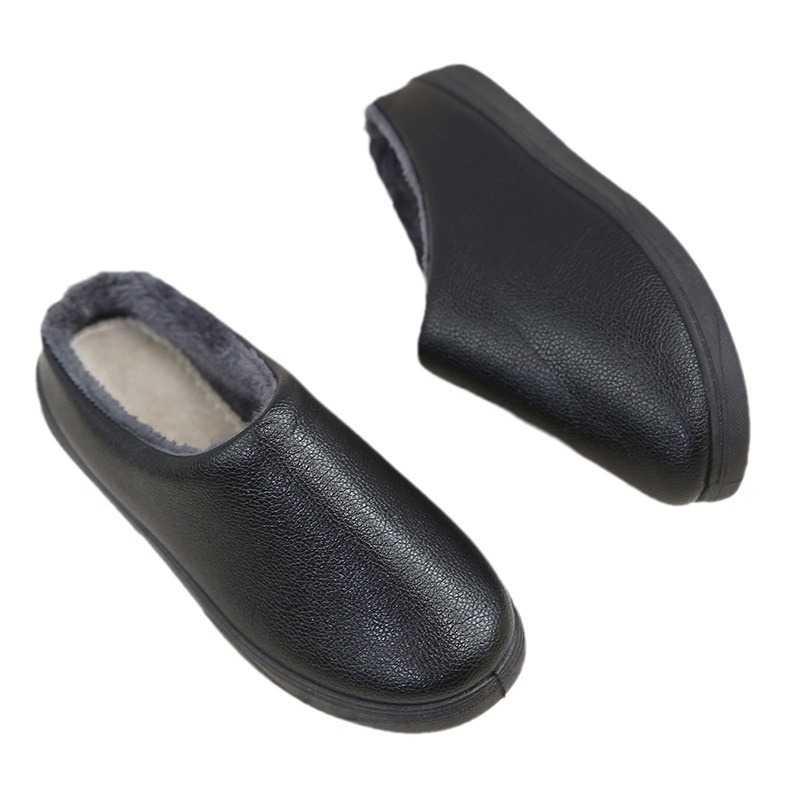 Leather Slippers Winter Household Thick-Soled Cotton Slippers Home Shoes Lightweight Non-Slip Comfortable Warm Mother's Shoes Pu Side Half Slippers