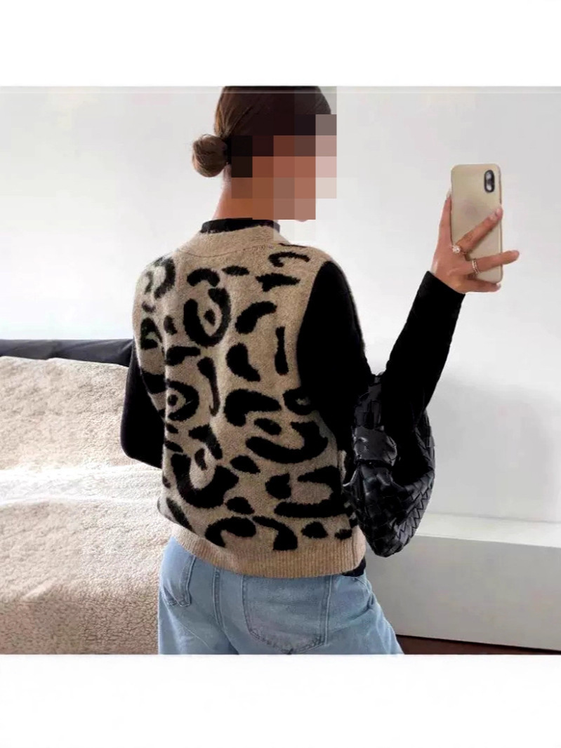 Foreign Trade Cross-Border Leopard Print V Neck Knitted Cardigan Jacket Women's Autumn and Winter Popular Fashion Casual Sweater