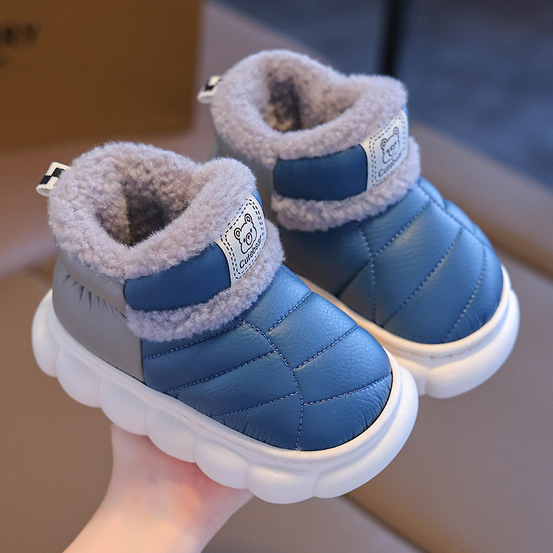 2025 New Winter Kidsren's Snow Boots for Boys and Girls, Warm Fleece-Lined Pu Leather Waterproof Outer Wear Thick-Soled Bag Heel Cotton Shoes