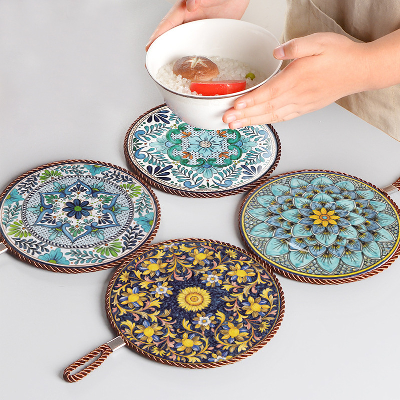 Retro Pattern Ceramic Household Coasters Pot Mats Insulated Non-Slip Casserole Mats Palace Style Manufacturers Wholesale Production
