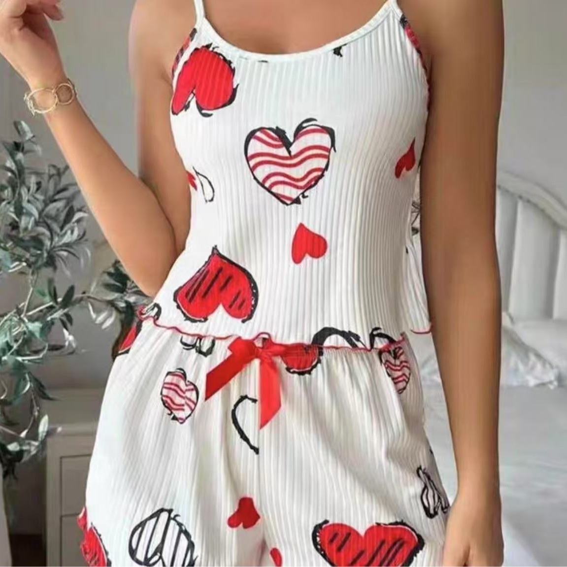 European and American Style Women's Pajamas with Heart Print, Sexy Camisole and Shorts Loungewear Two-Piece Set for Cross-Border Shipping