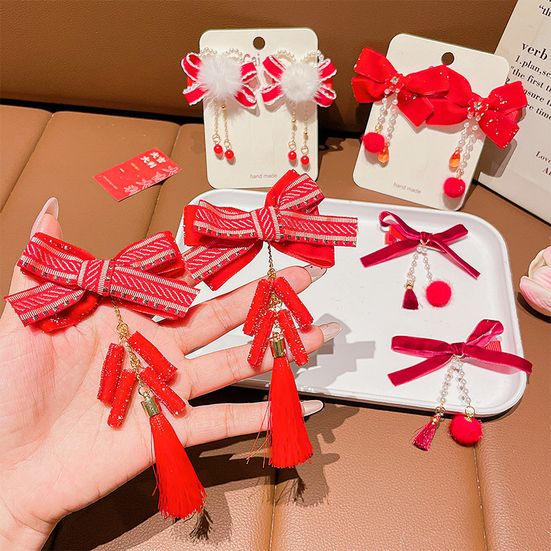 Girls' Festive Antique Bow Tassel Hairpin Girls Baby Red Hair Accessories Kidsren's Chinese Style Hairpin Hairpin