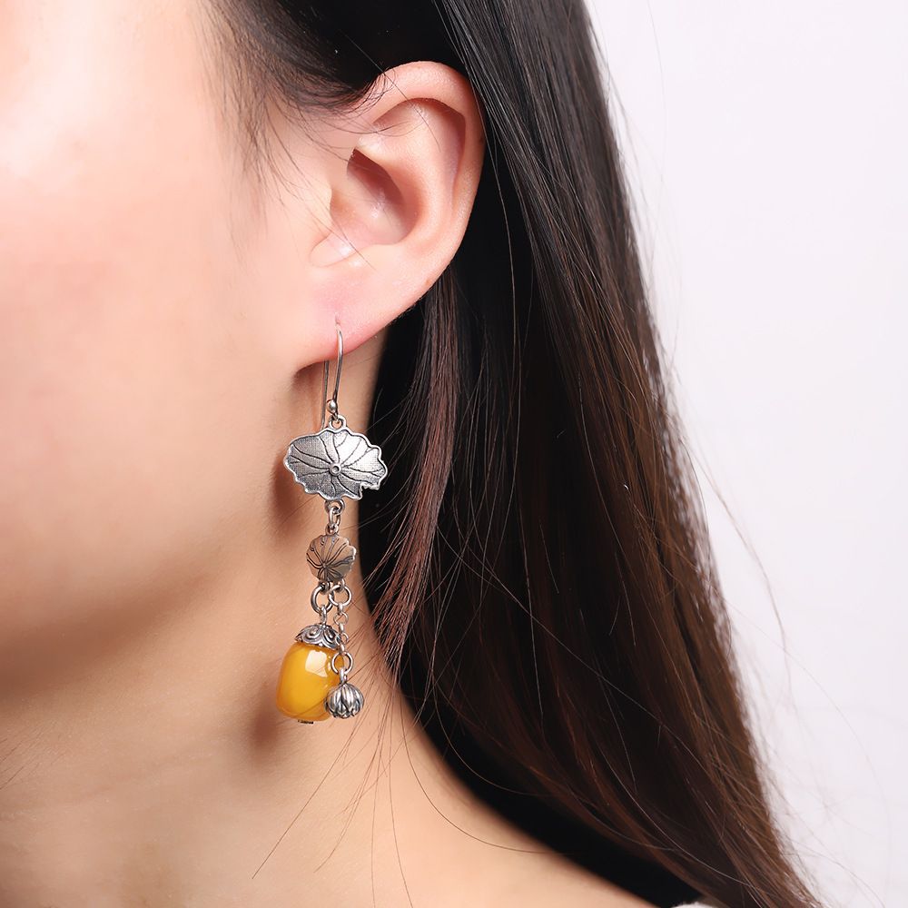Original Handmade 925 Sterling Silver Retro Old Inlaid Natural Beeswax Lotus Leaf Chinese Style Zen Accessible Luxury Women's Earrings