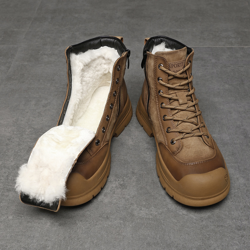 Autumn and Winter Men's Genuine Leather Martin Boots, British Style Wool Lining, Trendy Mid-High Men's Boots with Integrated Leather and Fur