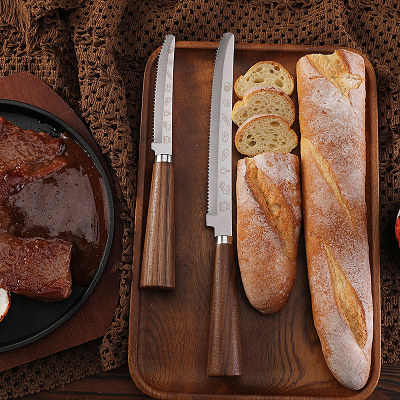 Cross-Border Spot Walnut Handle Baguette Toast Bread Cutter Household Baking Cake Bread Knife Serrated Steak Knife